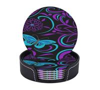 Leather Drink Coasters Set Of 6, Pu Leather Round Coaster With Storage Box, Purple Butterfly Flowers, Drink Coasters For Dining Table Office Decor, Heat-Resistant Round Beverage Pads For Home Kitchen