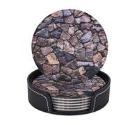 Leather Drink Coasters Set Of 6, Pu Leather Round Coaster With Storage Box, Solid Stonewall Art, Drink Coasters For Dining Table Office Decor, Heat-Resistant Round Beverage Pads For Home Kitchen