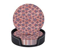 Leather Drink Coasters Set Of 6, Pu Leather Round Coaster With Storage Box, Stars Wavy Stripes, Drink Coasters For Dining Table Office Decor, Heat-Resistant Round Beverage Pads For Home Kitchen
