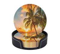 Leather Drink Coasters Set Of 6, Pu Leather Round Coaster With Storage Box, Sunset Hawaiian Palm Tree, Drink Coasters For Dining Table Office Decor, Heat-Resistant Round Beverage Pads For Home Kitchen