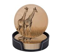 Leather Drink Coasters Set Of 6, Pu Leather Round Coaster With Storage Box Two Giraffe Running Barren, Drink Coasters For Dining Table Office Decor, Heat-Resistant Round Beverage Pads For Home Kitchen