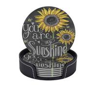 Leather Drink Coasters Set Of 6, Pu Leather Round Coaster With Storage Box, You Are My Sunflower, Drink Coasters For Dining Table Office Decor, Heat-Resistant Round Beverage Pads For Home Kitchen