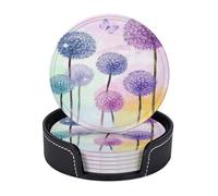 Leather Drink Coasters Set Of 6, Round Coaster With Storage Box Colorful Flowers Purple Butterfly, Drink Coasters For Dining Table Office Decor, Heat-Resistant Round Beverage Pads For Home Kitchen