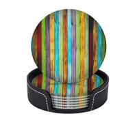 Leather Drink Coasters Set Of 6, Round Coaster With Storage Box Planks Carpentry Oak Timber, Drink Coasters For Dining Table Office Decor, Heat-Resistant Round Beverage Pads For Home Kitchen