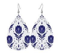 Leather Drop Earrings, elegant navy blue tulip Print Teardrop Dangle Earrings for Women, Lady, Girlfriend, Wife