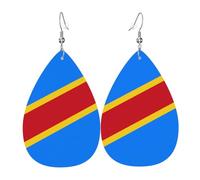 Leather Drop Earrings, Flag of the Congo Print Teardrop Dangle Earrings for Women, Lady, Girlfriend, Wife