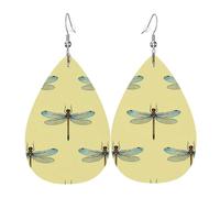 Leather Drop Earrings, Golden Brown Dragonfly Print Teardrop Dangle Earrings for Women, Lady, Girlfriend, Wife