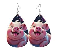 Leather Drop Earrings, Happy Piggy Fireworks Print Teardrop Dangle Earrings for Women, Lady, Girlfriend, Wife