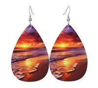 Leather Earring Beautiful Beach Sunset Teardrop Dangle Earrings Lightweight Hoop Earring for Women Girl Jewelry Gift
