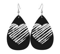 Leather Earring Black and white striped heart Teardrop Dangle Earrings Lightweight Hoop Earring for Women Girl Jewelry Gift