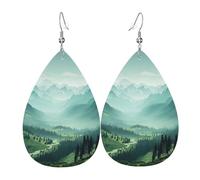 Leather Earring Green Mountain Landscape Teardrop Dangle Earrings Lightweight Hoop Earring for Women Girl Jewelry Gift