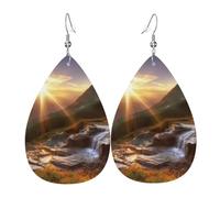 Leather Earring Mountain Sunrise Landscape Teardrop Dangle Earrings Lightweight Hoop Earring for Women Girl Jewelry Gift