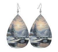 Leather Earring Winter Snow Scene Teardrop Dangle Earrings Lightweight Hoop Earring for Women Girl Jewelry Gift