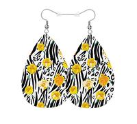 Leather Earrings For Women Black Leopard Print Wild Zebra Leopard Skin Yellow Sunflowers Long Earring Lightweight Retro Pendant Teardrop Earrings, For Party, Valentine'S Day, New Year