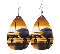 Leather Earrings for Women Teardrop Dangle Earrings Lightweight Drop Earring Airplane in The Evening Light Jewelry Gift