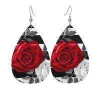 Leather Earrings for Women Teardrop Dangle Earrings Lightweight Drop Earring Black White Stripes Red Rose Flowers Jewelry Gift