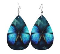 Leather Earrings for Women Teardrop Dangle Earrings Lightweight Drop Earring Blue Butterfly Pattern Jewelry Gift