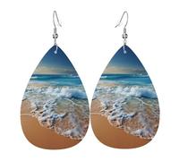 Leather Earrings for Women Teardrop Dangle Earrings Lightweight Drop Earring Blue sea sandy beach Jewelry Gift