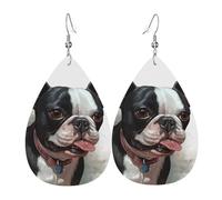 Leather Earrings for Women Teardrop Dangle Earrings Lightweight Drop Earring Boston Terrier Jewelry Gift