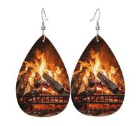Leather Earrings for Women Teardrop Dangle Earrings Lightweight Drop Earring Burning Firewood Large Fireplace Jewelry Gift