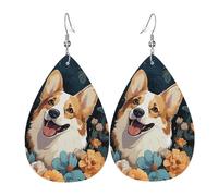 Leather Earrings for Women Teardrop Dangle Earrings Lightweight Drop Earring Corgi Pattern Jewelry Gift