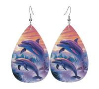 Leather Earrings for Women Teardrop Dangle Earrings Lightweight Drop Earring dolphins art Jewelry Gift