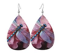 Leather Earrings for Women Teardrop Dangle Earrings Lightweight Drop Earring Flower and Blue Dragonfly Jewelry Gift