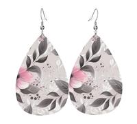 Leather Earrings for Women Teardrop Dangle Earrings Lightweight Drop Earring Flowers and Leaves on Gray Jewelry Gift