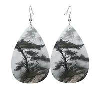Leather Earrings for Women Teardrop Dangle Earrings Lightweight Drop Earring Foggy Mountain Pine Tree Jewelry Gift