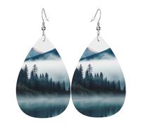 Leather Earrings for Women Teardrop Dangle Earrings Lightweight Drop Earring Foggy Mountains Landscape Jewelry Gift