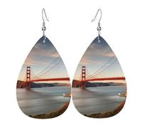 Leather Earrings for Women Teardrop Dangle Earrings Lightweight Drop Earring Golden Gate Bridge Jewelry Gift