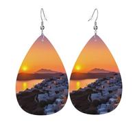 Leather Earrings for Women Teardrop Dangle Earrings Lightweight Drop Earring Greece Island Sunset Landscape Jewelry Gift