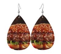 Leather Earrings for Women Teardrop Dangle Earrings Lightweight Drop Earring Hamburger Steak Fast Food Jewelry Gift