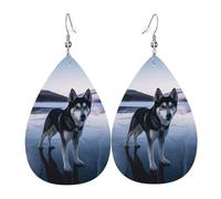 Leather Earrings for Women Teardrop Dangle Earrings Lightweight Drop Earring Husky Dog on a Frozen Lake Jewelry Gift