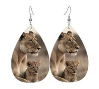Leather Earrings for Women Teardrop Dangle Earrings Lightweight Drop Earring Lioness with cub Jewelry Gift