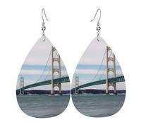 Leather Earrings for Women Teardrop Dangle Earrings Lightweight Drop Earring Mackinac Suspension Bridge Jewelry Gift