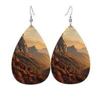 Leather Earrings for Women Teardrop Dangle Earrings Lightweight Drop Earring Mountains in the sunset Jewelry Gift