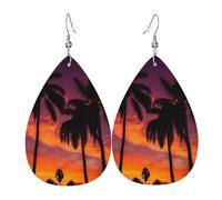 Leather Earrings for Women Teardrop Dangle Earrings Lightweight Drop Earring Palm Tree Sunset Jewelry Gift