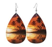 Leather Earrings for Women Teardrop Dangle Earrings Lightweight Drop Earring Palm Tree Sunset Jewelry Gift