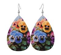Leather Earrings for Women Teardrop Dangle Earrings Lightweight Drop Earring Pansy Flowers Jewelry Gift
