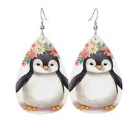 Leather Earrings for Women Teardrop Dangle Earrings Lightweight Drop Earring Penguin Wearing Flowers Jewelry Gift