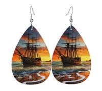 Leather Earrings for Women Teardrop Dangle Earrings Lightweight Drop Earring Pirate ship in the sunset Jewelry Gift