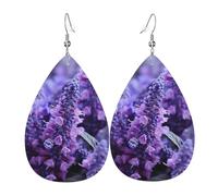 Leather Earrings for Women Teardrop Dangle Earrings Lightweight Drop Earring Purple Lavender Colored Flowers Jewelry Gift