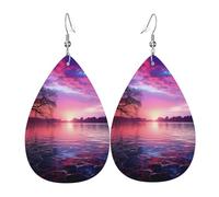 Leather Earrings for Women Teardrop Dangle Earrings Lightweight Drop Earring Purple Sunset on Water Jewelry Gift