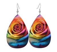 Leather Earrings for Women Teardrop Dangle Earrings Lightweight Drop Earring Rainbow Rose Flower Jewelry Gift