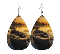 Leather Earrings for Women Teardrop Dangle Earrings Lightweight Drop Earring River Sunset Wooden Boat Jewelry Gift