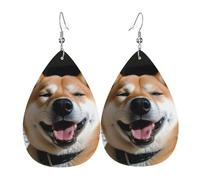 Leather Earrings for Women Teardrop Dangle Earrings Lightweight Drop Earring Shiba Inu Smile Tongue Out Jewelry Gift