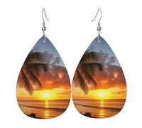 Leather Earrings for Women Teardrop Dangle Earrings Lightweight Drop Earring Sunset Hawaiian Palm Tree Jewelry Gift