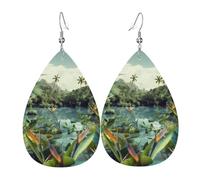 Leather Earrings for Women Teardrop Dangle Earrings Lightweight Drop Earring Tropical Landscape Jewelry Gift