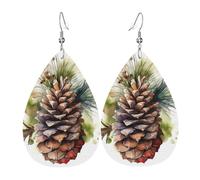 Leather Earrings for Women Teardrop Dangle Earrings Lightweight Drop Earring Watercolor Pine Cone Jewelry Gift